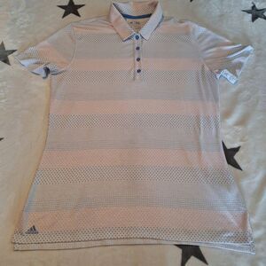 Adidas Golf‎ Women's M Polo Shirt Stripes Shapes Blue Puffy Logo Short Sleeve
